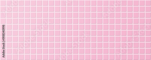 Pink tile bathroom wall, ceramic grid floor in kitchen or bathroom, pink tiled square mosaic, realistic shelf bath bg for woman, fashion or cosmetic presentation. Vector illustration.
