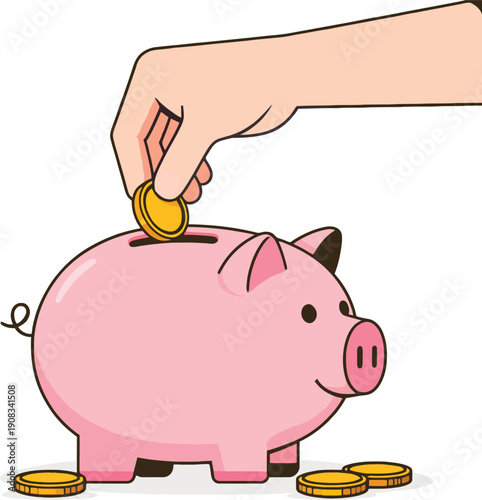 A cartoon illustration of a hand depositing a gold coin into a pink piggy bank, symbolizing savings and financial planning for the future.