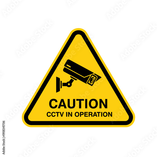 Caution CCTV in Operation Sign with Security Camera Icon on Yellow Triangle