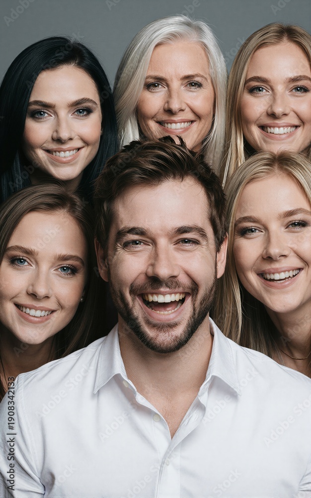 Fototapeta premium Five smiling people, diverse ages and styles, posing together in a warm group photo.