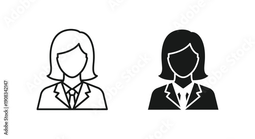 Two contrasting monochrome icons depict a woman wearing a business suit representing user profiles or avatars high quality