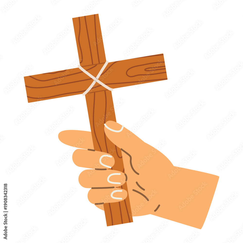 Obraz premium hand holding wooden cross, Christian faith and religion symbol, prayer, belief and spirituality concept for church design, Easter, Palm Sunday and religious projects- vector illustration