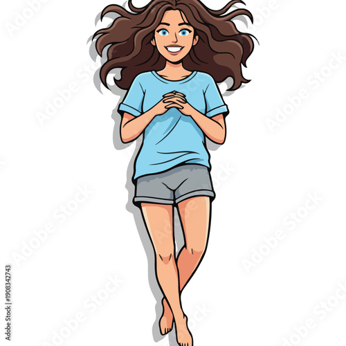 Happy young woman in blue shirt lying down with crossed legs on white.