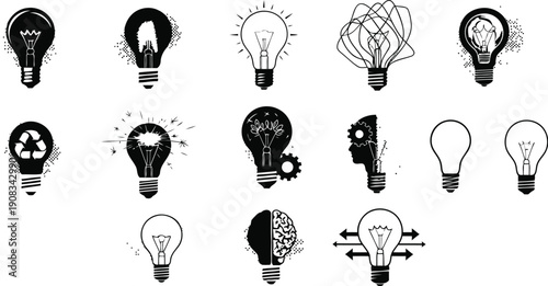 Trendy Halftone Collage Bright Bulb Icon Representing Innovation, Smart Thinking and Digital Creativity