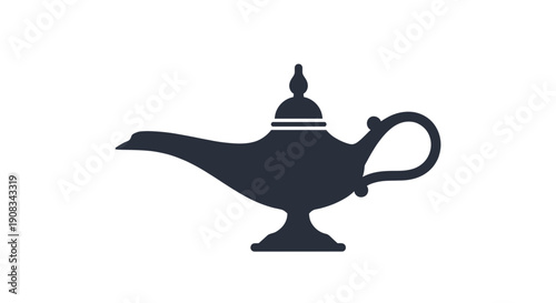 A Dark Silhouette of an Ornate Aladdin Magic Lamp on a White Background