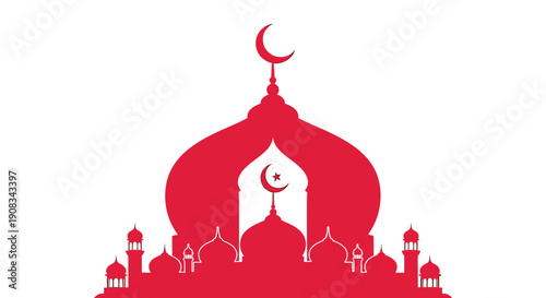 Red Mosque Silhouette with Crescent Moon and Dome Architecture on White Background
