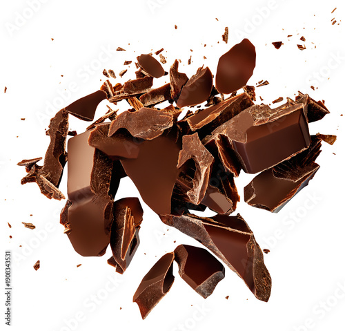 Broken chocolate explosion isolated on white. Milk Chocolate scattered, flying in air. Top view. Flat lay