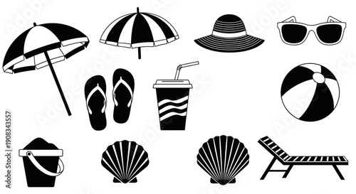 Collection of Beach Vacation Icons and Symbols on White Background