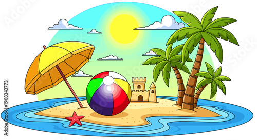 Tropical Island Beach Scene with Palm Trees Umbrella and Beach Ball on Sunny Day