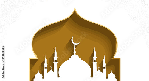 Golden Mosque Silhouette with Crescent Moon and Minarets Islamic Architecture on White Background