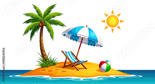 Pixel Art Tropical Island Paradise with Palm Tree Beach Chair and Sun