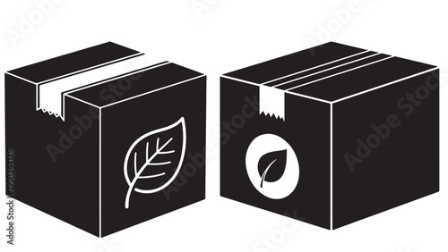 Sustainable Packaging Box With Leaf Emblem And Fragile Tape Detail, Black Solid Vector Icon For Eco-Friendly Packaging And Product Shipping Design