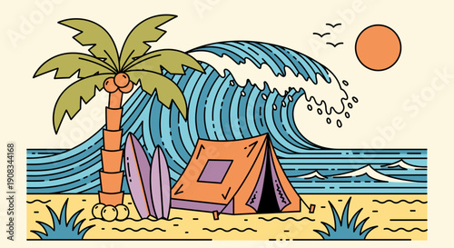 Tropical Beach Camping Scene with Palm Tree Surfboards Tent and Crashing Wave