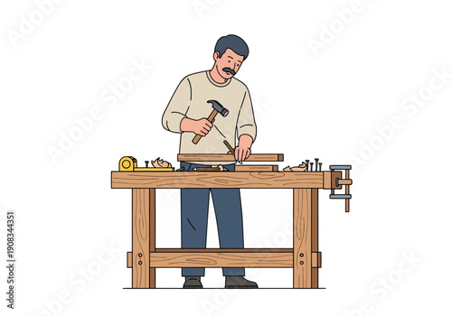 Illustration a male carpenter is nailing wood