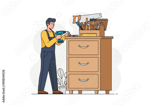 A male carpenter is making a cabinet, vector illustration design