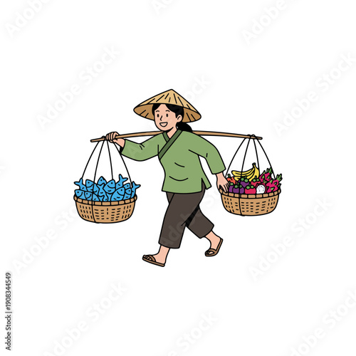 Smiling Asian Woman Vendor Carrying Fresh Fish and Tropical Fruits Illustration