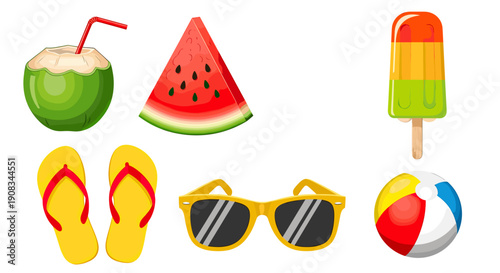 Pixel Art Summer Beach Icons Coconut Watermelon Slice Popsicle Flip Flops Sunglasses Beach Ball