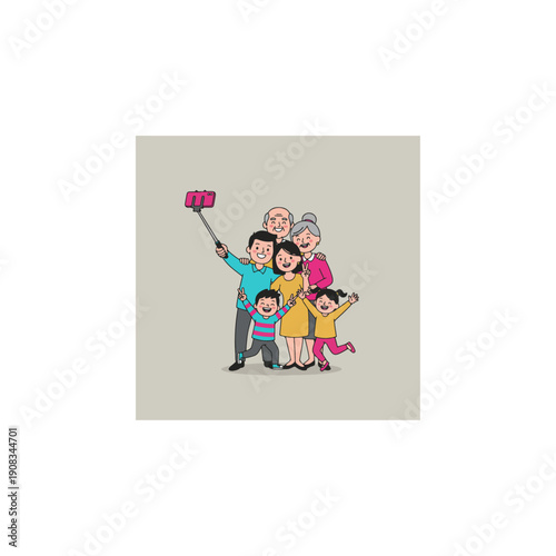 Happy Multi-Generational Family Taking Group Selfie with Stick Illustration