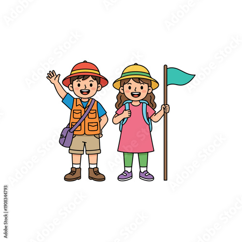 Happy Cartoon Kids Explorer Scouts Ready for Outdoor Adventure