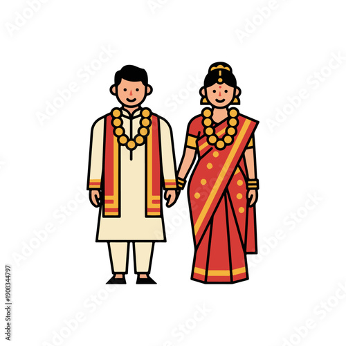 Happy Indian Couple in Traditional Wedding Attire Vector Icon