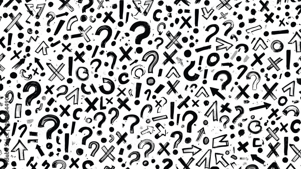 Fototapeta premium Dense black and white pattern of hand drawn question marks, exclamation points, arrows, and crosses on a plain white background.