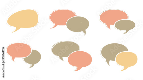 Set of overlapping speech bubble pairs in soft muted earthy colors like peach, beige, and tan on a clean white background for chat.
