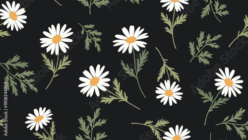 Beautiful seamless pattern of white daisies with yellow centers and green leaves on a solid dark black background for home decor.
