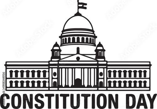 A black and white illustration of a building with the text constitution day