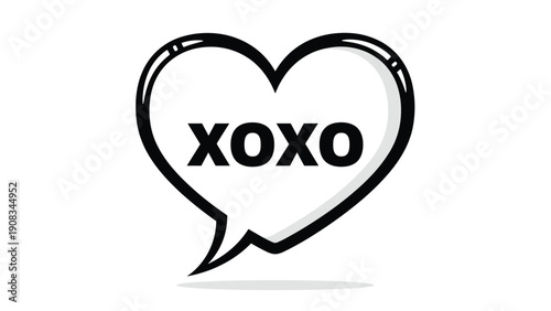 Romantic heart shaped speech bubble with the text xoxo in bold black letters on a clean white background for valentines day cards.