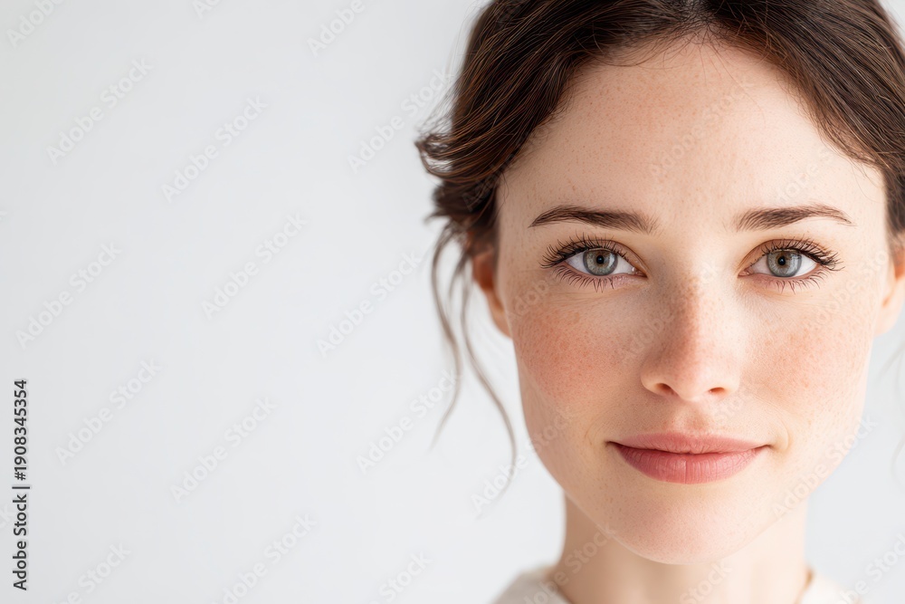 Fototapeta premium Studio half-face portrait of a woman with clean white backdrop and text area