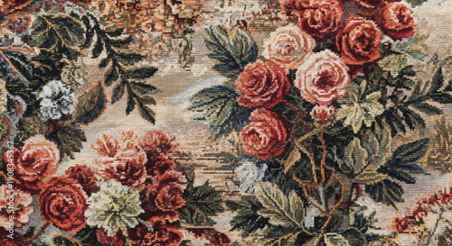 Exquisite Vintage Floral Tapestry with Roses and Botanical Elements