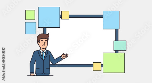 Business Manager Presenting Data Flowchart or Network Diagram with Copy Space
