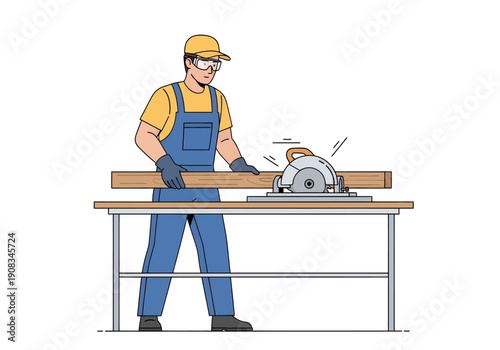 Vector illustration a male carpenter is cutting wood using a machine