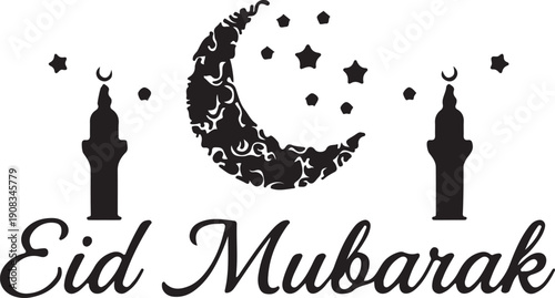 Eid mubarak greeting card with crescent moon and stars design