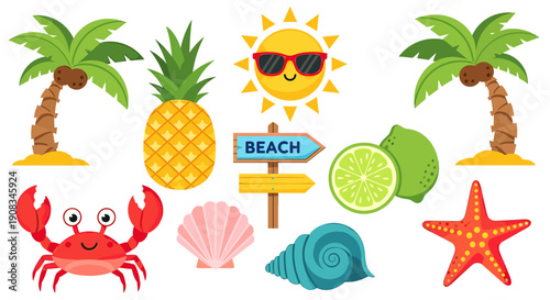 Pixel Art Summer Beach Elements Featuring Palm Trees Pineapple Sun Crab Seashells Starfish and