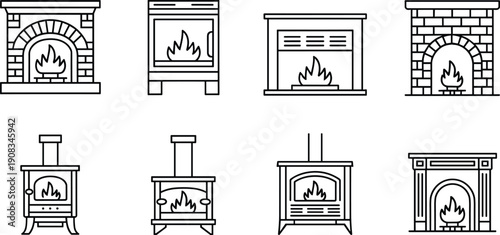 Fireplace icons set with wood stove heater mantel hearth flame line art home heating illustration collection winter interior
