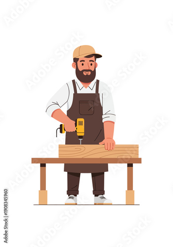 Two carpenters are drilling holes in wood using a drill, vector illustration design