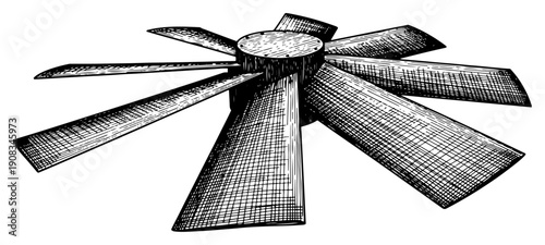 Industrial ceiling fan with large metal blades in vintage hand drawn woodcut style