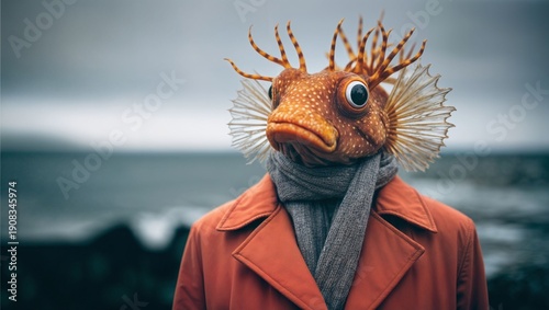 Anthropomorphic Lionfish Wearing an Orange Coat and Grey Scarf