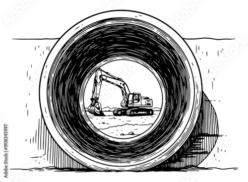 Excavator working on construction site viewed through a large concrete pipe section