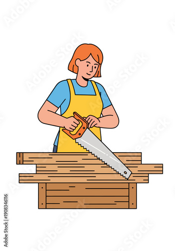 Vector illustration a female carpenter are sawing a piece of wood