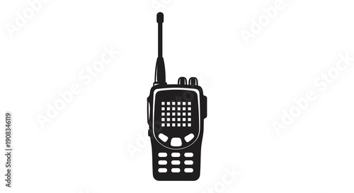 A black and white silhouette depicts a handheld walkie talkie showcasing its antenna buttons and rectangular form high quality
