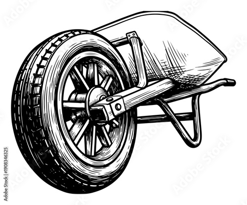 Close up view of a garden wheelbarrow wheel in vintage hand drawn woodcut engraving style