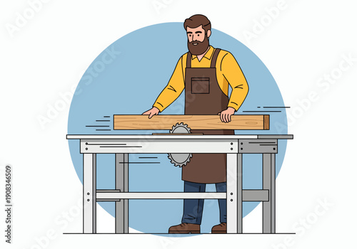 Vector illustration a male carpenter is cutting wood using a machine