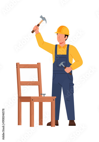 A male carpenter is making a chair, vector illustration design