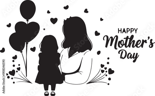 A heartwarming illustration of a mother and child celebrating mother's day with balloons and hearts