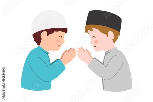 Illustration of little Muslim Boy giving the forgiveness, Eid Al-Fitr illustration