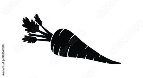 A simple black silhouette depicts a single elongated carrot with leafy greens at the top high quality professional
