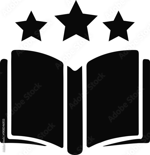 Open Book with Star Rating Icon, Black silhouette of an open book with three stars above, symbolizing top rated literature, quality education, and excellent learning resources.

