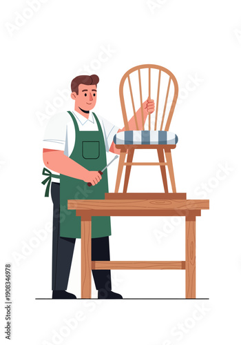 A male carpenter is making a chair, vector illustration design